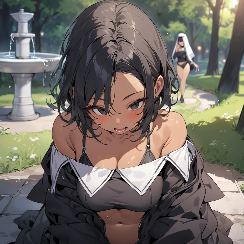 (anime style),masterpiece, best quality, extremely detailed,18Year old,tanned skin,dark skin, Beautiful body,middle breasts,BREAK,multicolored colorful black hair,short hair,hair slicked back,for head,BREAK,black eyes,best smile,open mouth,mouth on water,detailed lips,BREAK,cotton black big ribbon,BREAK,nun uniform,black_bikini,off shoulder,navel,break,head tilt,in the park,dripping,Drinking fountains,huging2girl,from behind