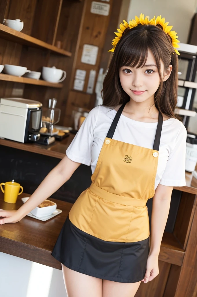 21 years old girl (Japanese cute face) is wearing very short mini skirt and apron and working at the coffee cafe with sunflowers