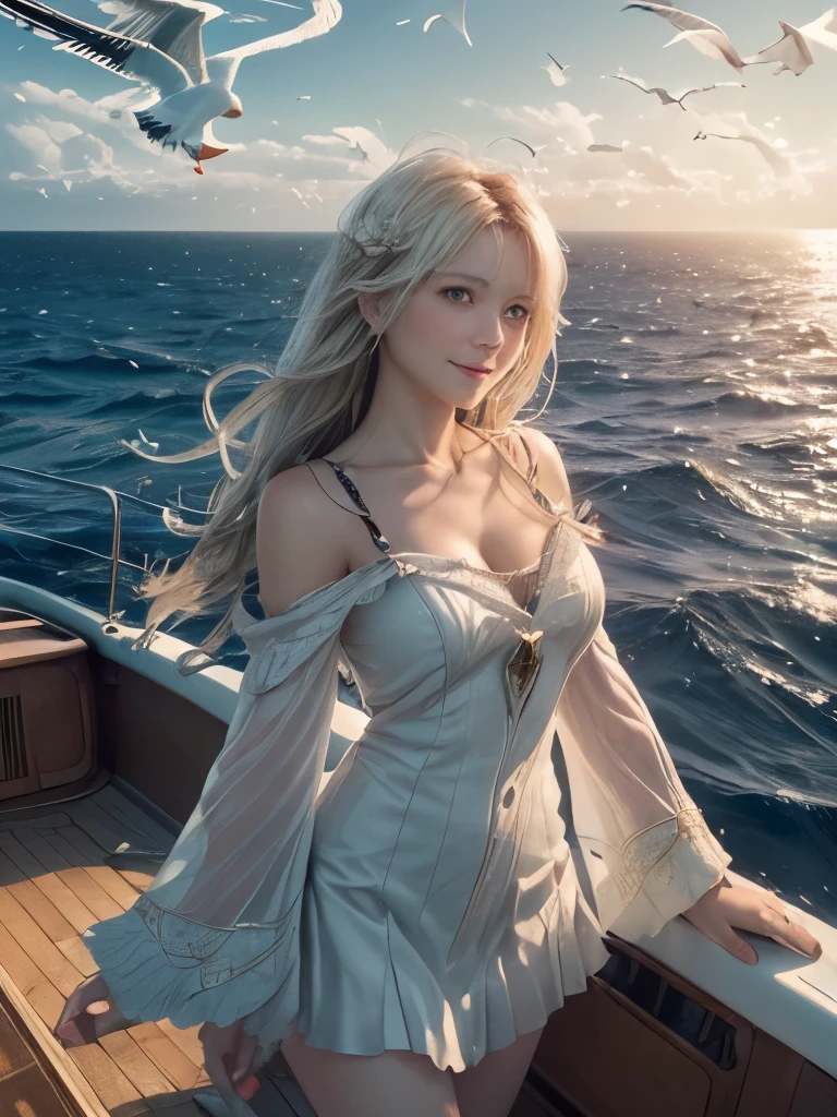 (((masterpiece, Highest quality, High resolution, Attention to detail, Ultra high definition, 8k Raw Photo:1.5)))), ((((Fantasy))), One, (A beautiful woman)))), (White short skirt with gold embroidery), (Platinum blonde long silky straight hair), (Shiny dark green eyes), (White frilly blouse with gold embroidery), big, (((On the deck of a sailing ship at sea)), (Vast ocean))), (The sky with clouds)), (( Seagulls flying in the sky)), smile, (Wind), Particles of light flying, Lens flare,