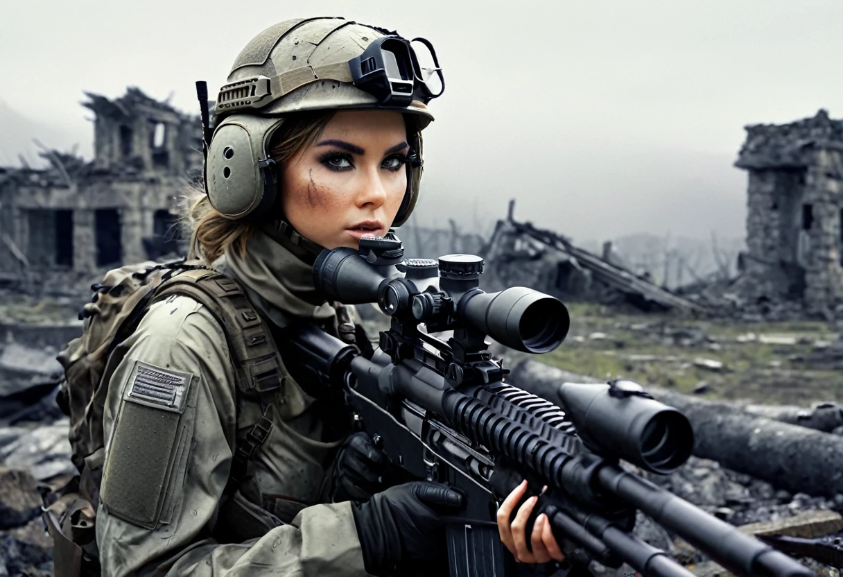 A young and extremely beautiful female sniper、Detailed face、Beautiful Eyes、Long eyelashes、Serious expression、Tactical Helmet、Camouflage latex suit、Tactical equipment、sniper rifle、War-torn landscape、Cloudy、fog、ruins、wreckage、Cinematic lighting、Grainy、Gloomy、dark、Calm colors、Real、8k、High resolution、Detailed Description、masterpiece