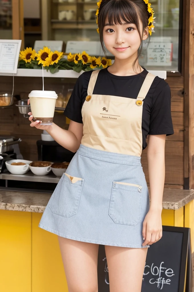 21 years old girl (Japanese cute face) is wearing very short mini skirt and apron and working at the coffee cafe with sunflowers