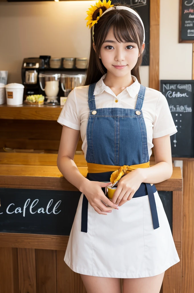 21 years old girl (Japanese cute face) is wearing very short mini skirt and apron and working at the coffee cafe with sunflowers