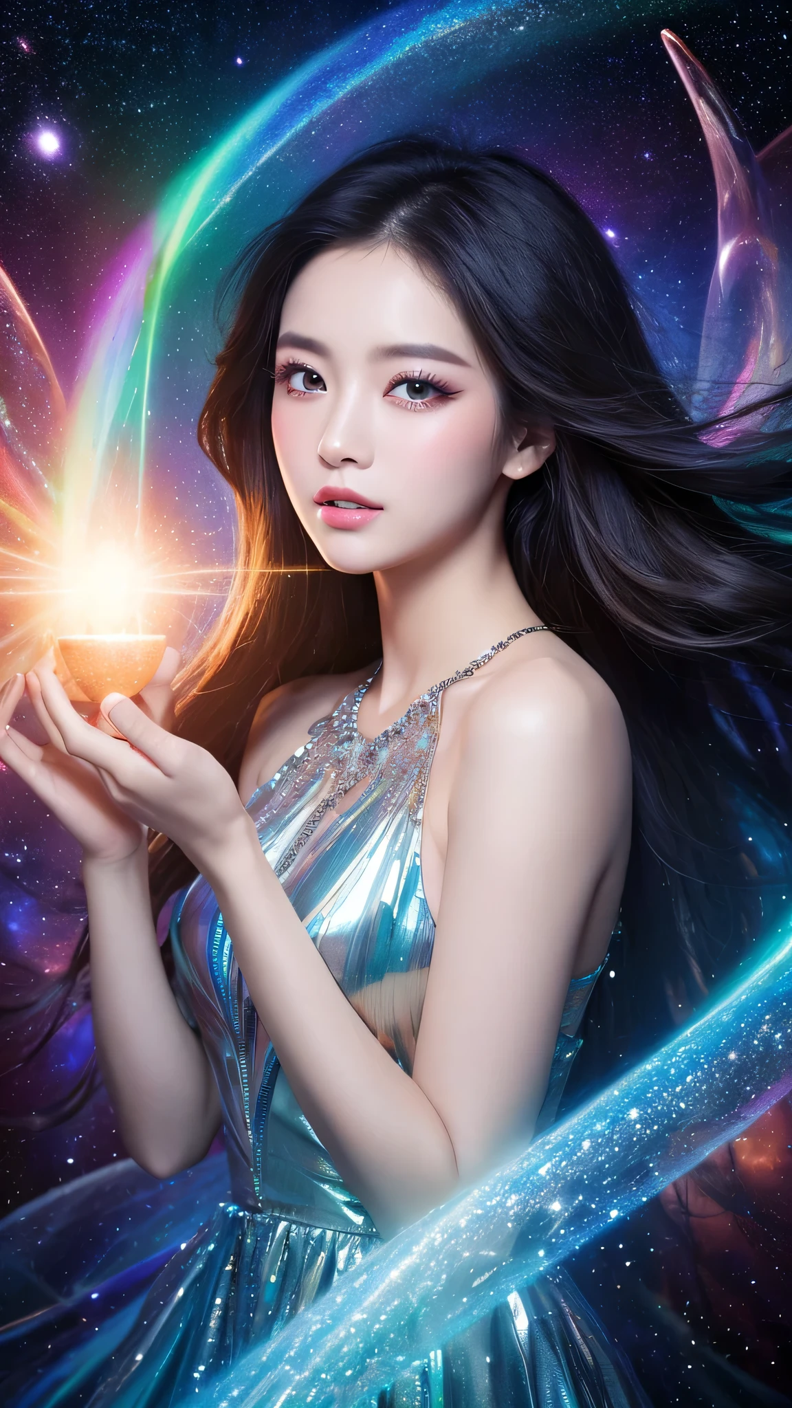 (masterpiece、Highest quality、beautiful:1.2)、(Super beautiful art:1.2)、(Helicopter shot:1.3)1 Girl、 (Sapphire blue round eyes、Cosmic Eyeshadow Color、Long eyelashes)、Glossy lip、Fair face、A gentle gaze gazes out at the galaxy、Transparent, shiny skin、Fair Hand、Mysterious and enchanting atmosphere、A chaos of overlapping colors of bright and transparent prism effect of blue and green light、Glowing particles scattering、Delicate spiral strokes soft galaxy background
