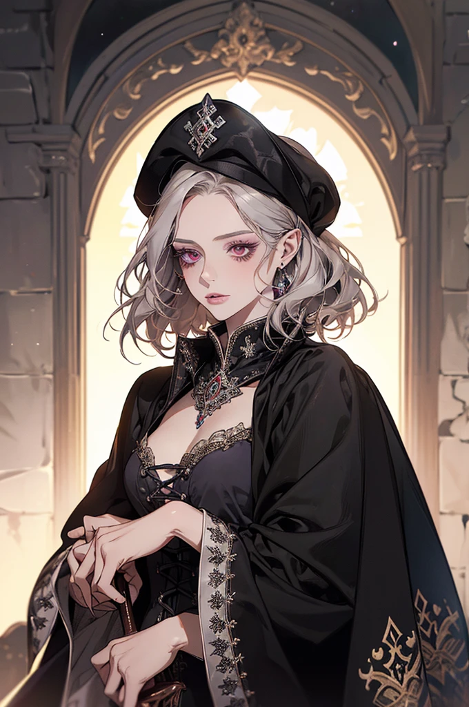 femme de 50 ans, Middle-aged European, ((trentenaire)), solo, medieval tavern, [ghotic] full lips, androgyne, [[Short hair]], (visage de forme ovale), (Heavenly Nose), wears a cape, peau claire et chaude, red eyes, doe eyes, short hair, very silver hair, very light, wavy hair, elfe ears, Long cils, ((black medieval clothes)), sexy purple dress, Glow, ghotic, elegant, tendance sur artstation, makeup, lipstick, inkshadow, (((Masterpiece artwork))), ((best quality)), ((complex detailed)), ((semi-realistic)), (se concentrer uniquement), (visage parfait:1.1), (high detail:1.1), dark