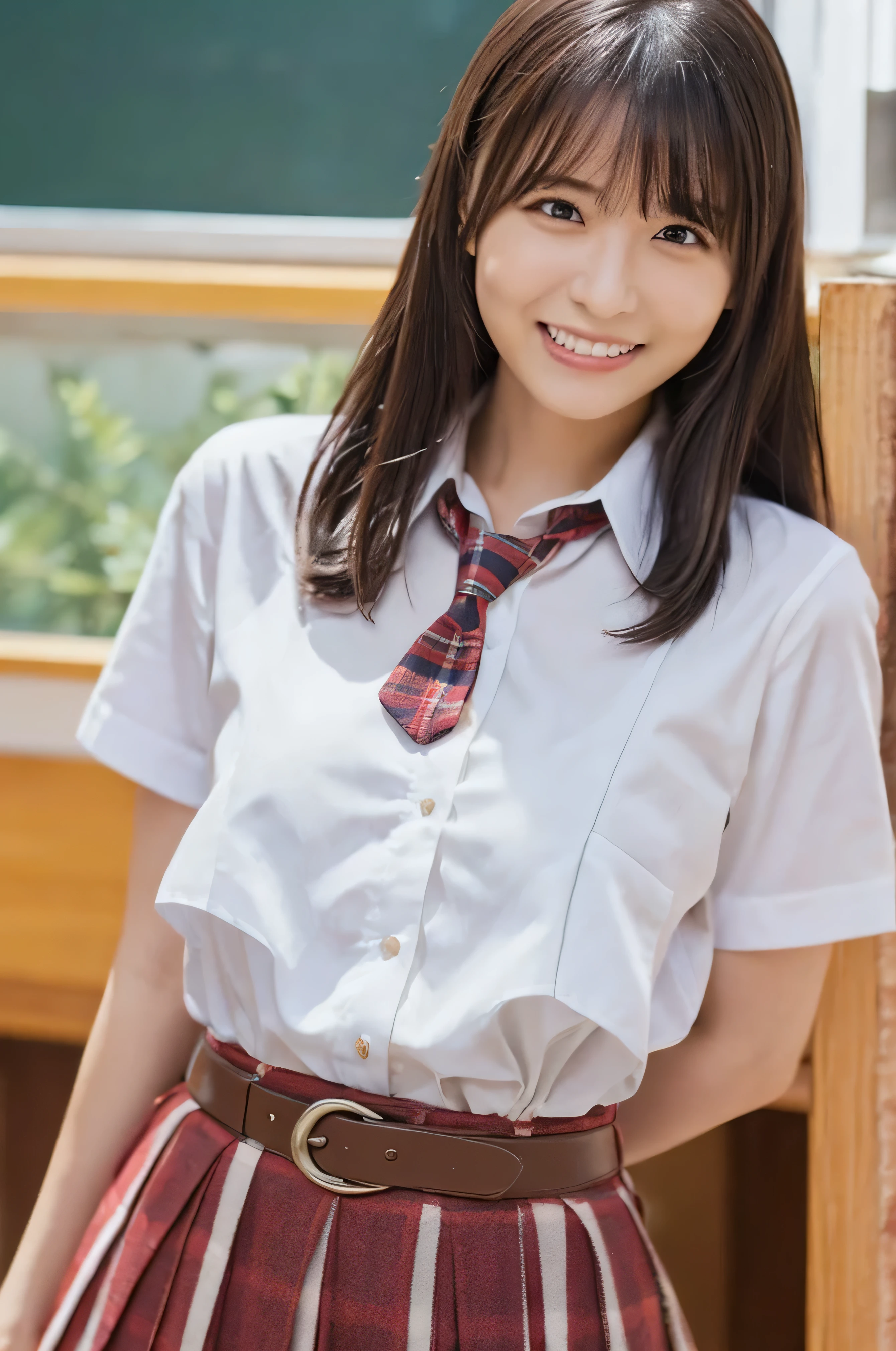 One Girl, (School classroom、服の上からでもわかるVery large breasts、School white summer shirt、school summer uniform、Beautiful girl, Delicate girl:1.3), (24-years-old:1.3),(Smiling with teeth showing、Cute smiling eyes、Cute loose perm、Braid only the bangs、Fluffy hair、Medium Short Hair、Wrapping a leather belt、Wear a checked miniskirt、Round and ample breasts、Curved waist、Photo from the waist up:1.4)
Very beautiful eyes, (School uniforms:1.3), (Very large breasts:0.5), Brown eyes, Parted bangs, Light brown hair,
, A face of ecstasy、(The expression of ecstasy、A face of ecstasy:1.0),
, (masterpiece, Highest quality, Super detailed, Detailed face, 8k)