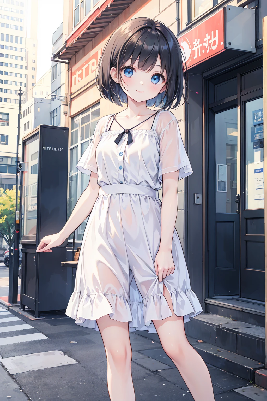 Photorealistic、Highest quality、Highest Resolution、Highest quality、16Ｋ、Beautiful woman、cute、beautiful、Bob Cut Hair、Dark Hair、Pale blue eyes、Casual clothing、smile、Smile、sunny、Walking around the city、