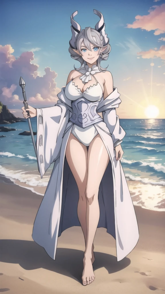 Beautiful arts wallpaper Sunset Outside castle top  High level image quality　best image quality　8K　 adult woman   silver castle outside  more colors   whole body view　portrait　 wearing pure pink   　horn    ears  　short hair（（shortcut）（gray hair）（perm）（fluffy））　eye color is blue ,  , 　attractive evil face , smile   ,  beach   ,  labrynth ,wearing  robe     , holding  her breast,   , standing  , waves sexy barefoot ,, fixed tose  sexy pose
