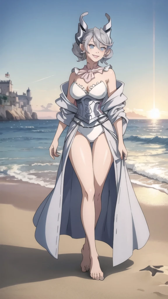 Beautiful arts wallpaper Sunset Outside castle top  High level image quality　best image quality　8K　 adult woman   silver castle outside  more colors   whole body view　portrait　 wearing pure pink   　horn    ears  　short hair（（shortcut）（gray hair）（perm）（fluffy））　eye color is blue ,  , 　attractive evil face , smile   ,  beach   ,  labrynth ,wearing  robe     , holding  her breast,   , standing  , waves sexy barefoot ,, fixed tose  sexy pose