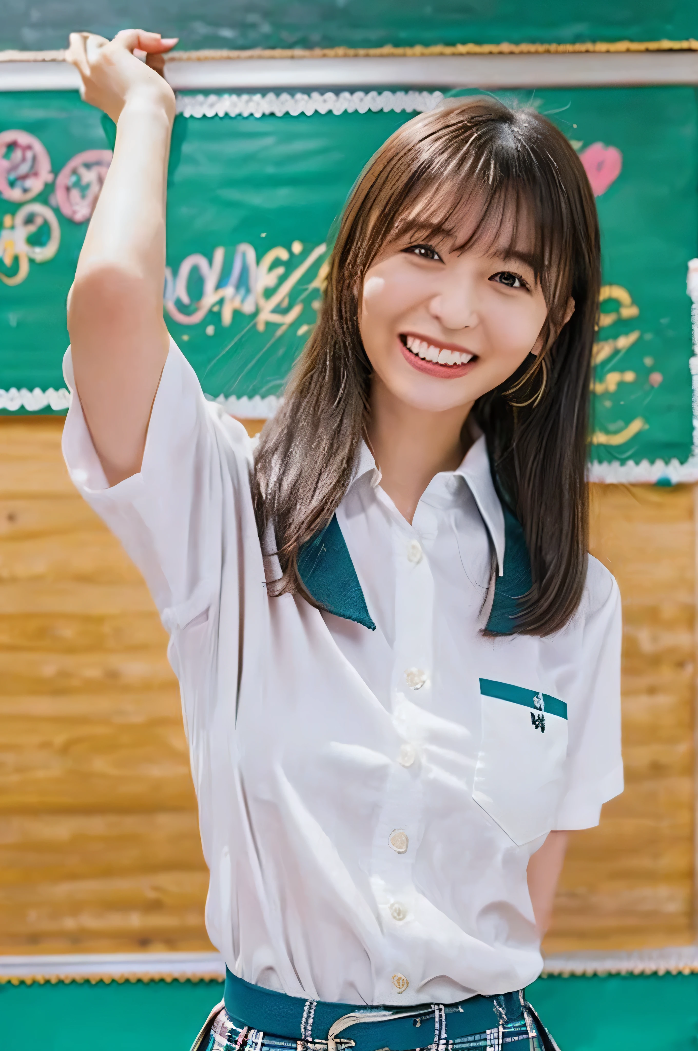 One Girl, (School classroom、服の上からでもわかるVery large breasts、School white summer shirt、school summer uniform、Beautiful girl, Delicate girl:1.3), (24-years-old:1.3),(Smiling with teeth showing、Cute smiling eyes、Cute loose perm、Braid only the bangs、Fluffy hair、Medium Short Hair、Wrapping a leather belt、Wear a checked miniskirt、Round and ample breasts、Curved waist、Photo from the waist up:1.4)
Very beautiful eyes, (School uniforms:1.3), (Very large breasts:0.5), Brown eyes, Parted bangs, Light brown hair,
, A face of ecstasy、(The expression of ecstasy、A face of ecstasy:1.0),
, (masterpiece, Highest quality, Super detailed, Detailed face, 8k)