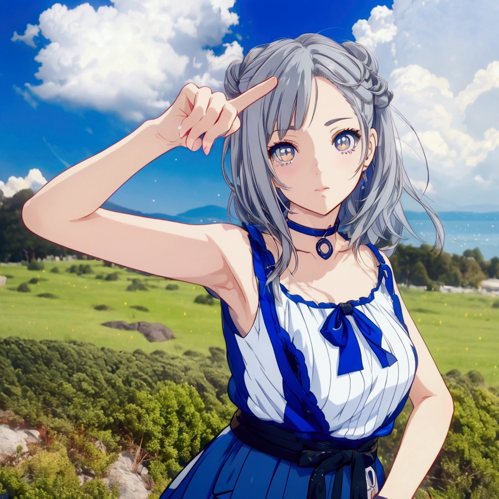 Golden Eyes、Golden Eyes、Anime girl with gray hair and blue clothes pointing at something, Realistic Anime 3D Style, Cute 3D anime girl render, Realistic young anime girl, Anime Style3D, Anime Style, Realistic anime art style, Anime Styleに, , Semi-realistic anime style, Smooth anime CG art, April Rendering, Photorealistic anime girl rendering