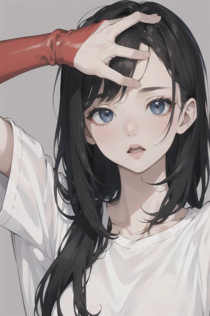 (masterpiece:1.2, Highest quality), 1 Female, alone, Close-up,Gaze, Open your mouth, White T-shirt,Black Hair,Cool feeling