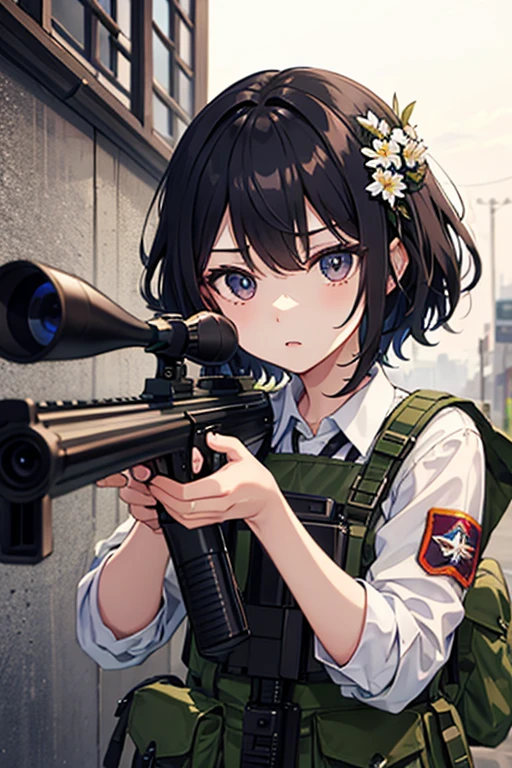 Highest quality、front、Black Hair、Iris、short hair、girl、cute、16 years old、、Small hair ornament、1 person、Sniper、Possessing a sniper rifle、Aim at the enemy、Serious expression、Military Costume、
