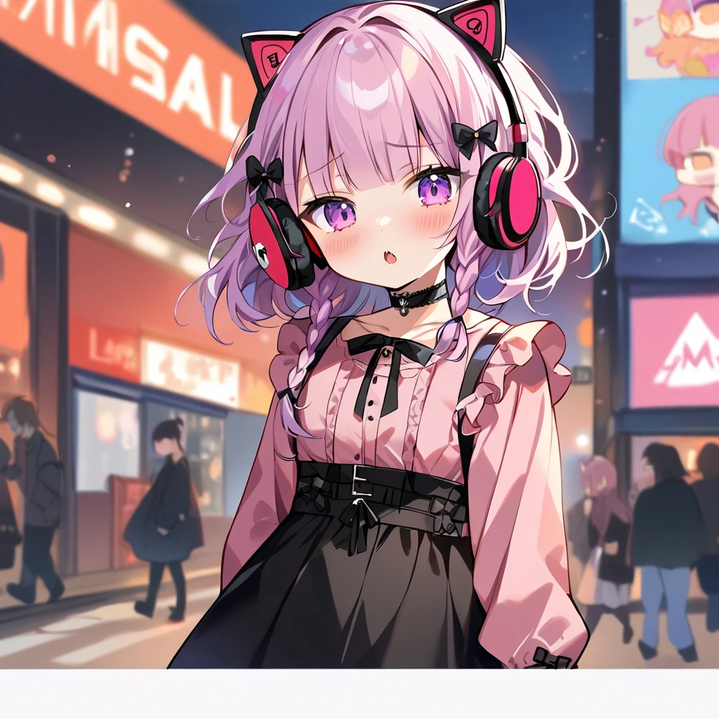 Top quality, masterpiece, chibi character, animal ear girl, peal purple and blunt bangs hair, twin braids, eyes closed, mouth wide open and screaming, blushing, smilng,fangs,(a girl with closs hair pin,
pink shirt,cosplay, jirai kei, bangs, black skirt, black bow, looking at viewer, bow, long sleeves, choker, ribbon,portrait shot :1.4),From the side, she is wearing square headphones over her ears, and the Marshall logo,Walking slowly through Shibuya at sunset, looking down, fullbody shot,