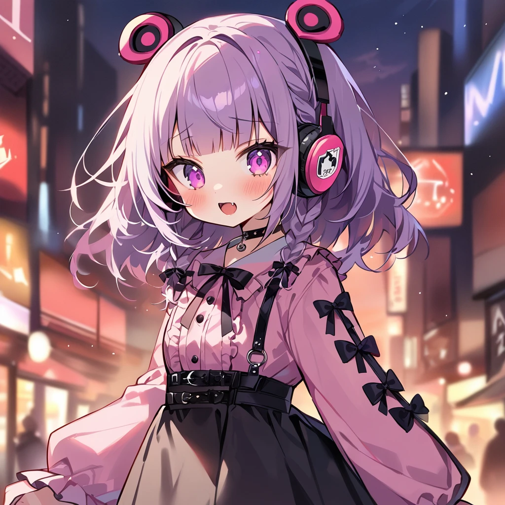 Top quality, masterpiece, chibi character, animal ear girl, peal purple and blunt bangs hair, twin braids, eyes closed, mouth wide open and screaming, blushing, smilng,fangs,(a girl with closs hair pin,
pink shirt,cosplay, jirai kei, bangs, black skirt, black bow, looking at viewer, bow, long sleeves, choker, ribbon,portrait shot :1.4),From the side, she is wearing square headphones over her ears, and the Marshall logo,Walking slowly through Shibuya at sunset, looking down, fullbody shot,