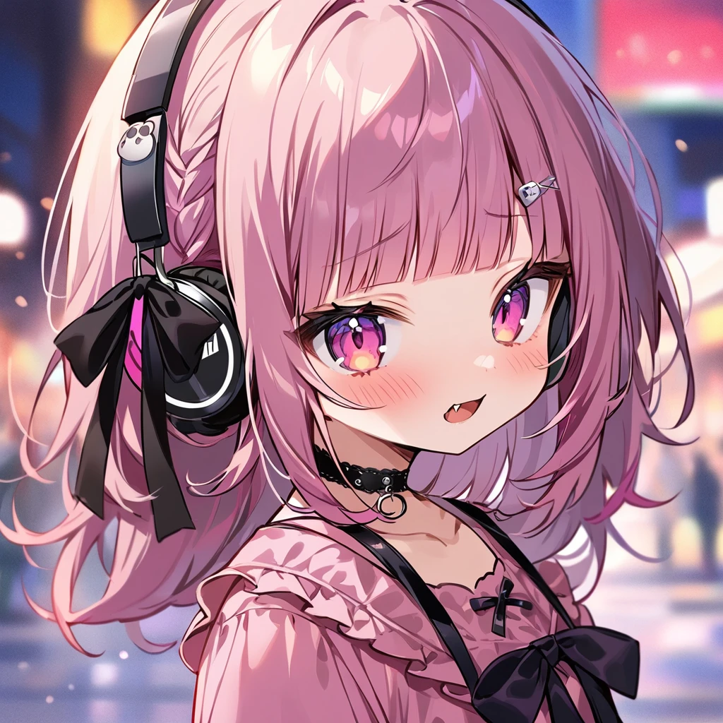 Top quality, masterpiece, chibi character, animal ear girl, peal purple and blunt bangs hair, twin braids, eyes closed, mouth wide open and screaming, blushing, smilng,fangs,(a girl with closs hair pin,
pink shirt,cosplay, jirai kei, bangs, black skirt, black bow, looking at viewer, bow, long sleeves, choker, ribbon,portrait shot :1.4),From the side, she is wearing square headphones over her ears, and the Marshall logo,Walking slowly through Shibuya at sunset, looking down, fullbody shot,