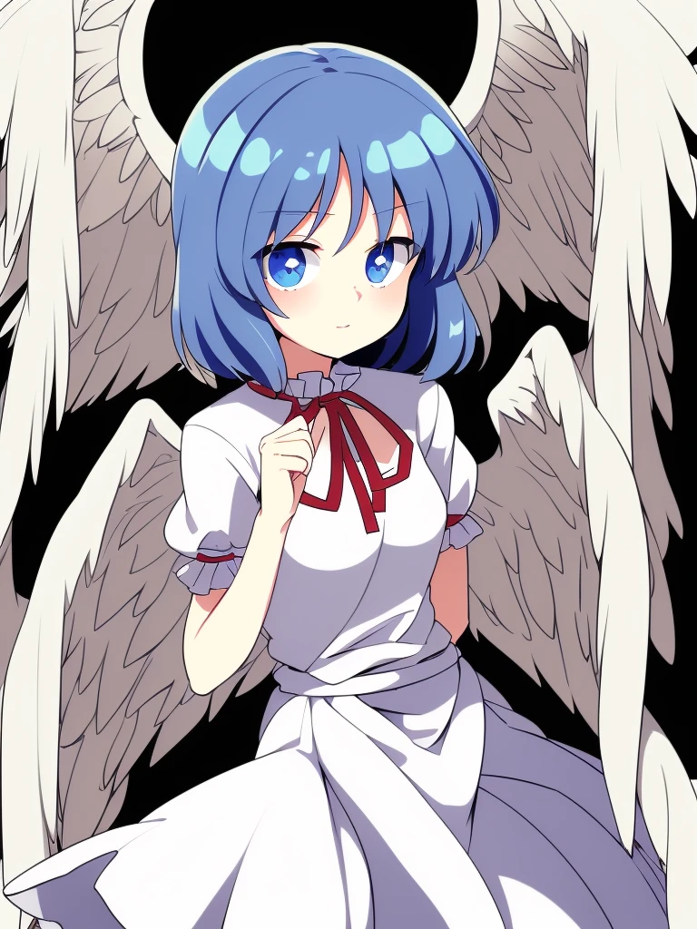 (best quality,4k,8k,highres,masterpiece:1.2), ultra-detailed, highly detailed texture, intricate details, high quality textures, a cute teenage angel with blue eyes, drawn in anime style, 1girl, , , 10 years old, medium blue hair, hair flaps, pink ribbon on head, well-formed face, blue eyes, angel girl, white blouse, puffy short sleeves, red ribbon, angel wings, long white skirt, red shoes, frills, ribbon head, A pair of angel wings on the back, clean line drawings, cute