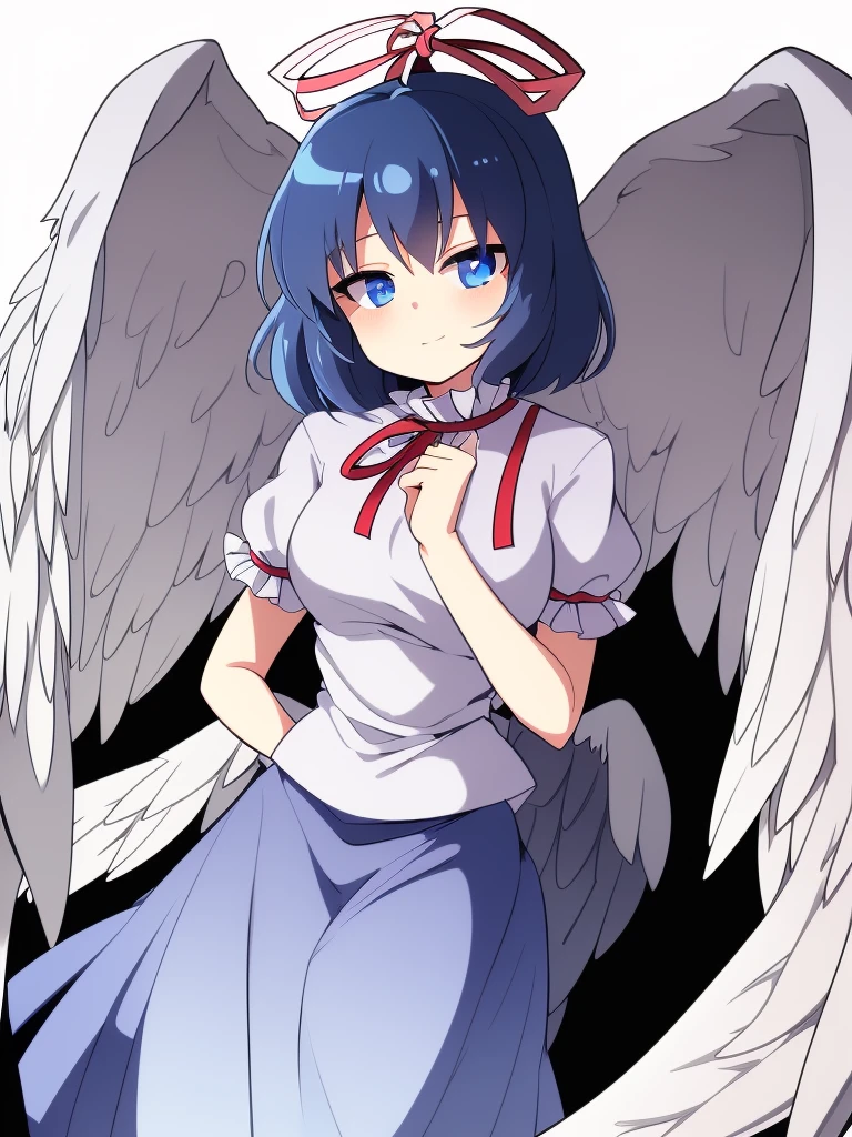 (best quality,4k,8k,highres,masterpiece:1.2), ultra-detailed, highly detailed texture, intricate details, high quality textures, a cute teenage angel with blue eyes, drawn in anime style, 1girl, , , 10 years old, medium blue hair, hair flaps, pink ribbon on head, well-formed face, blue eyes, angel girl, white blouse, puffy short sleeves, red ribbon, angel wings, long white skirt, red shoes, frills, ribbon head, A pair of angel wings on the back, clean line drawings, cute