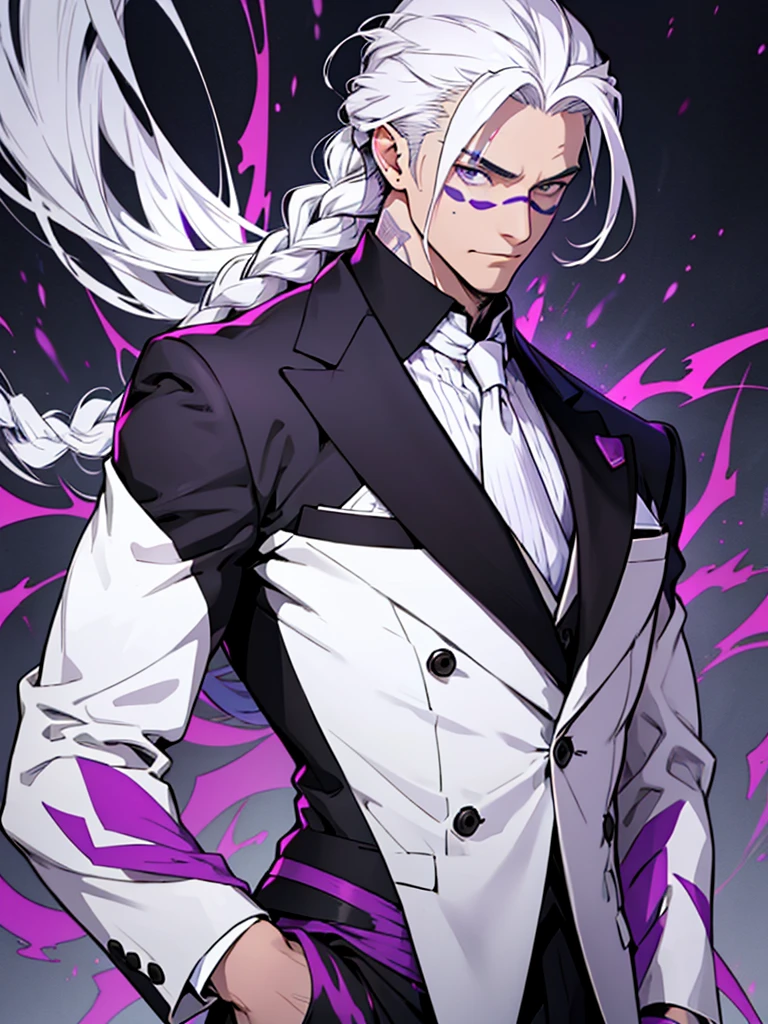 Create a man with the following characteristics: He is in a fairly elegant suit.,White hair tied in a braid and a white mask with purple spots
