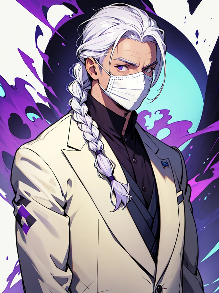 Create a man with the following characteristics: He is in a fairly elegant suit.,White hair tied in a braid and a white mask with purple spots