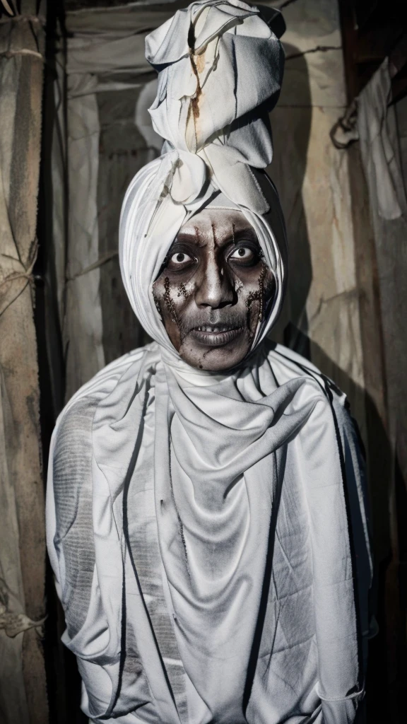 Pocong. Scary face. Skeleton face. Real ghost. Realistic, hdr. Flashlights direct to subject in dark place.. white eyes. Real scary .