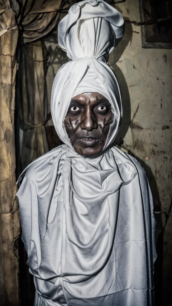 Pocong. Scary face. Skeleton face. Real ghost. Realistic, hdr. Flashlights direct to subject in dark place.. white eyes. Real scary .