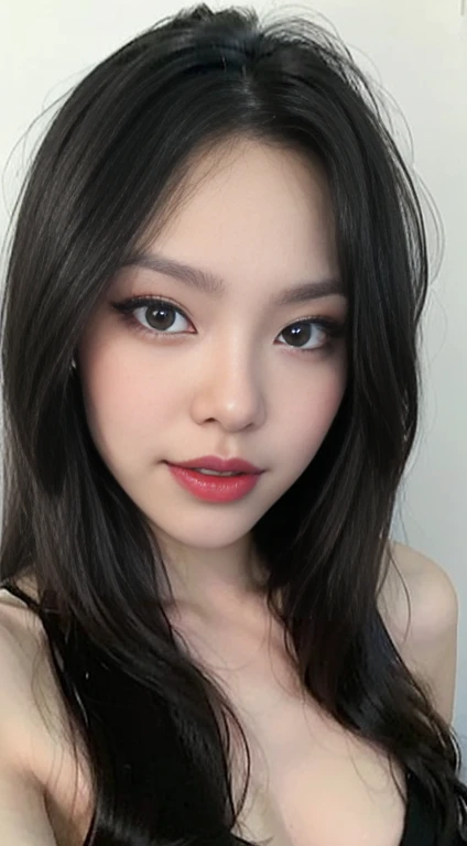 (best quality, masterpiece:1.2), white background, realistic, crew neck, closed-neckline, big eyes, beautiful woman, prominent double eyelids, smile, eyelashes, highly detailed face, fierce look, angry look, looks like a naughty celebrity but is a good girl, normal girl but looks like a goddess, college student, traditional vietnamese girl, no makeup, natural