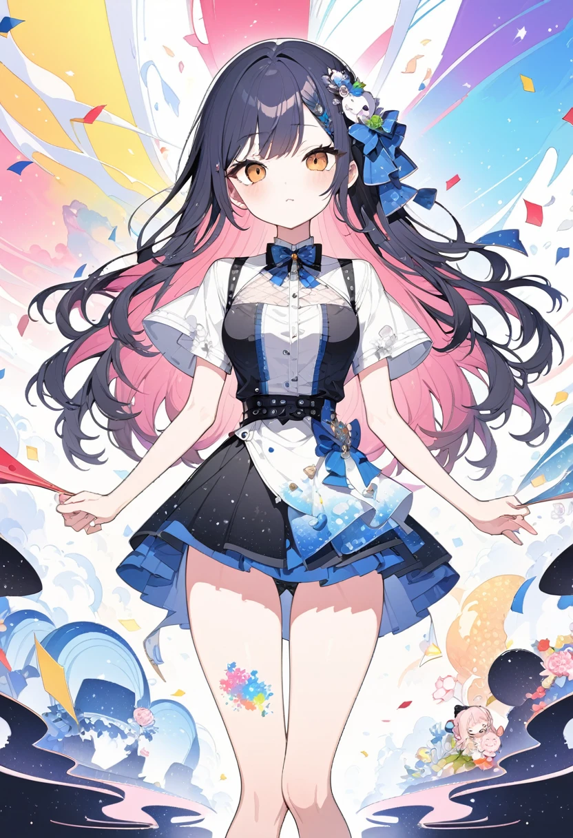 Momoko Sakura Style、8K quality、Intense watercolor,, Watercolor splash, Surreal, Avant-garde pop art, Beautiful and expressive paintings, Beautiful artwork illustration, Very colorful tones, wonderful, Cool Beauty, Highest quality、Official Art, Vector art, Stylish design, (((The most beautiful girl))), (Confetti),((Thin legs))、(((Highest quality))), High resolution, ((detailed)), (((Doodle Art)), ((masterpiece)), ((Super detailed)),(((Korean idol style))),,(Sexual)