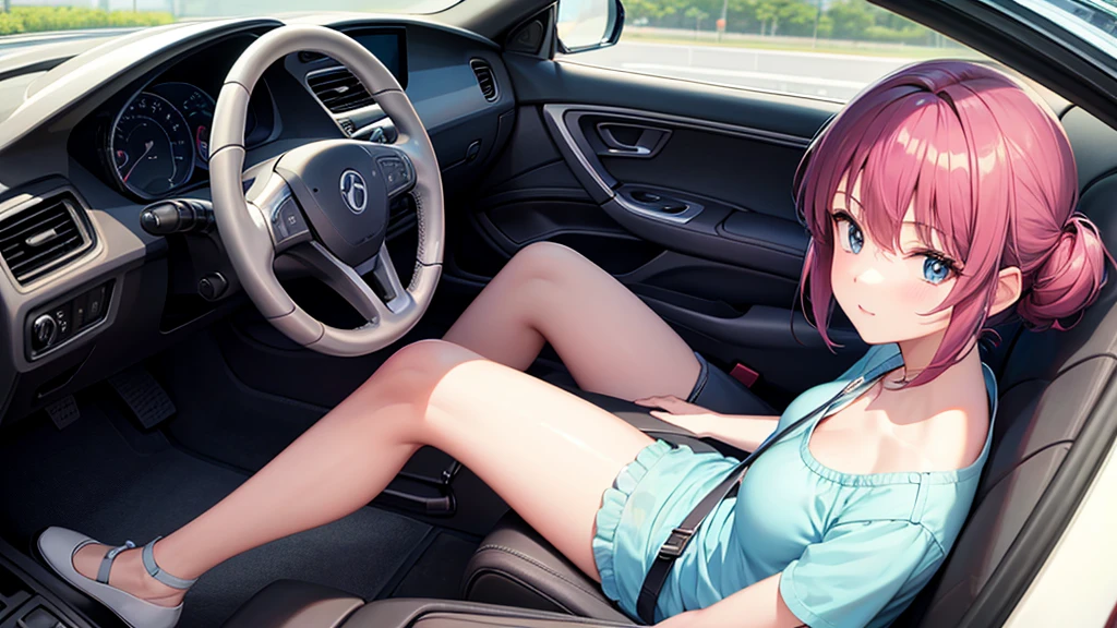 Create an anime-style image of an 80s city pop-style woman driving a car。The woman sits in the driver&#39;s seat、I&#39;m holding the steering wheel and looking ahead。She is dressed in 80s fashion、Retro anime style woman、Vivid colors and warm lighting throughout、Recreate the atmosphere of 80&#39;s city pop。