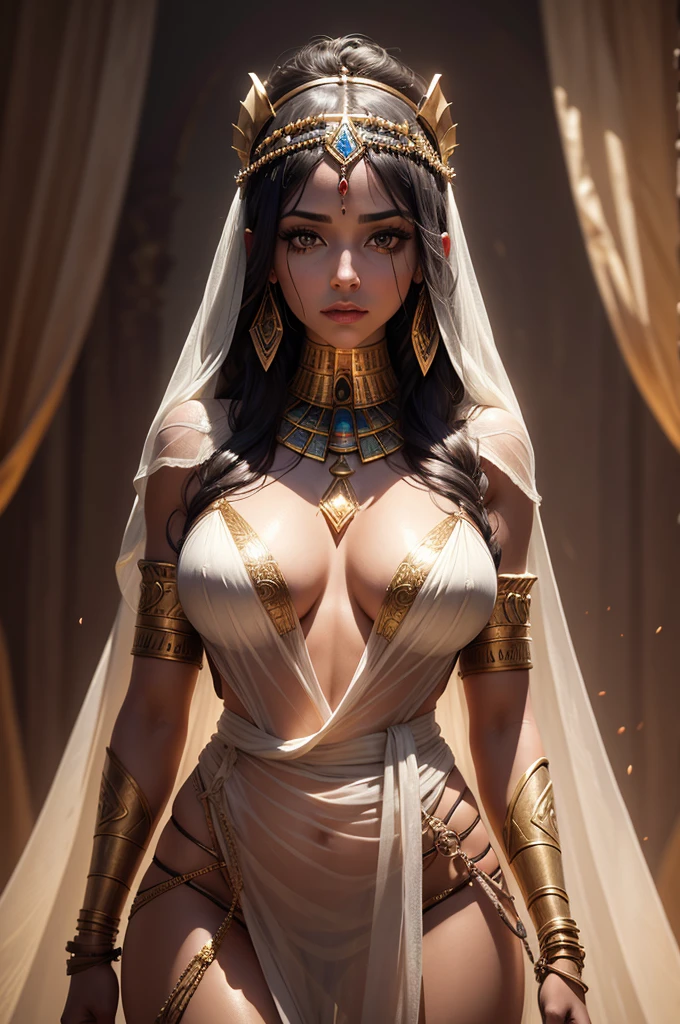 a very high resolution image of an Egyptian goddess and a mummy. The image was created in photo realism style, highly detailed and textured, and shows a beautiful Egyptian queen wearing almost transparent silk clothes, which leave her entire beautiful tattooed body prominently visible. A terrifying mummy stands next to you, highly detailed, with a haunting reality of a cadaverous body, rich in details, wrapped in time-worn bandages. The high detail of the image with soft and romantic shading, cinematic lighting, leaves the image with a perfect composition. This captivating scene is captured in stunning high-tech digital art, where every pixel conveys a sense of surreal, otherworldly beauty. The colors are vibrant, electric and pulsating, bringing the mythological figures to life with fascinating details, with lots of lust and sin. In the lower left corner, the image is signed by "RAM Rock Arte e Midia"