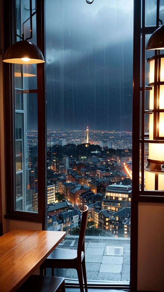 rain,Inside the cafe,View from the window,A broader perspective,Chic cityscape,busy,mysterious,warm color