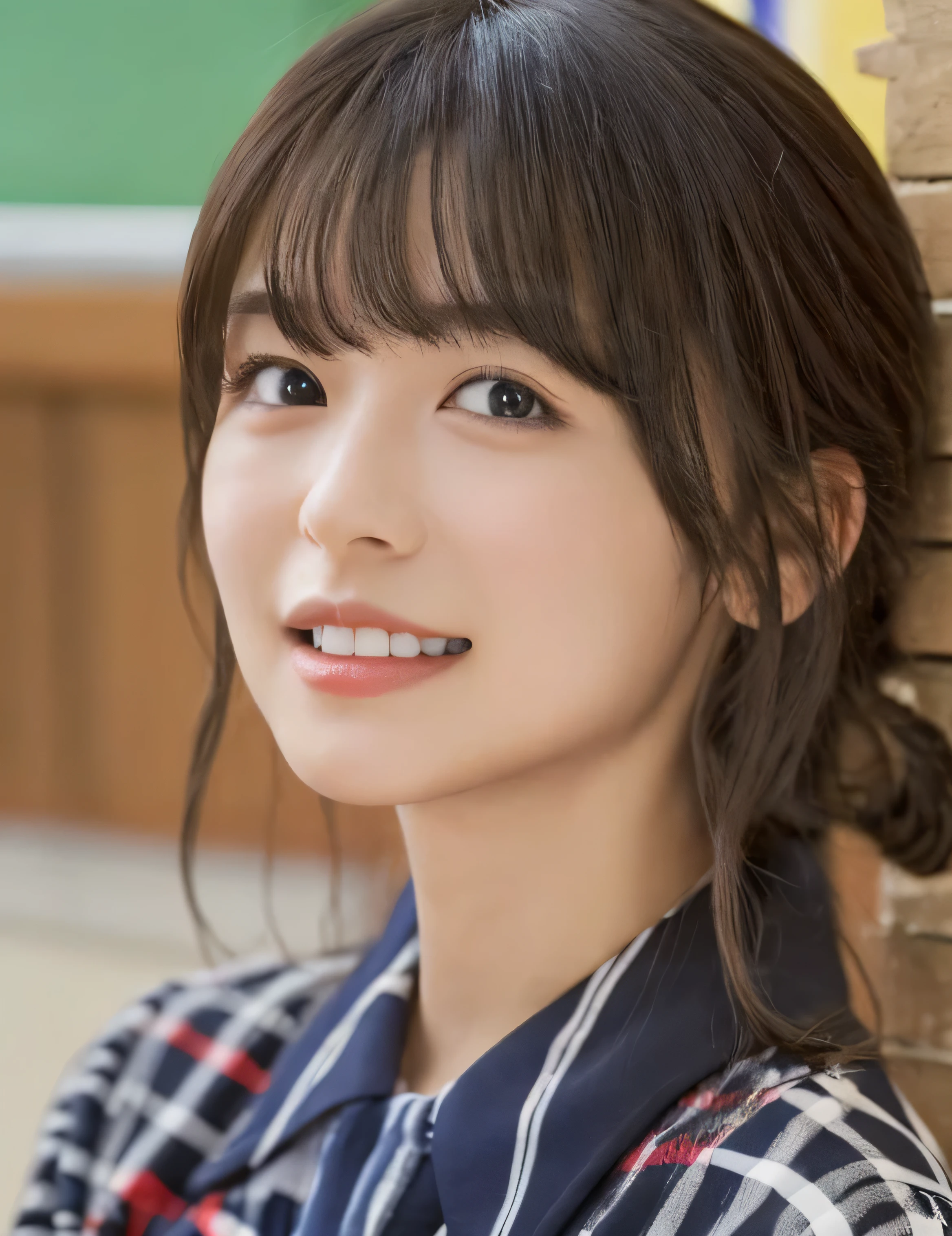 One Girl, (School classroom、服の上からでもわかるVery large 、School white summer shirt、school summer uniform、Beautiful girl, Delicate girl:1.3), (24-years-old:1.3),(Smiling with teeth showing、Cute smiling eyes、Cute loose perm、Braid only the bangs、Fluffy hair、Medium Short Hair、Wrapping a leather belt、Wear a checked miniskirt、Round and ample breasts waist、Photo from the waist up:1.4)
Very beautiful eyes, (School uniforms:1.3), (Very large breasts:0.5), yes, Parted bangs, Light brown hair,
, A face of ecstasy、(The expressicstasy、A face of ecstasy:1.masterpiece, Higheity, Super detailed, Detailed face, 8k)