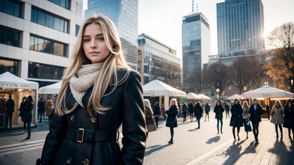 A stunning hyperrealistic photo of a 18 year old German girl with long blond hair, blue eyes, and a perfect nose, standing in a Frankfurt city square during winter. She is dressed in high-end designer clothes, with a coat that accentuates her figure. Her smile is warm and inviting, and she exudes confidence and elegance. The background reveals the bustling city, with its architecture and people. The image is captured with exceptional detail and clarity using a Canon EOS 5D Mark IV, showcasing the girl's flawless skin texture and the intricate patterns of her clothing. This photograph is a true masterpiece, offering a vivid and immersive 8K UHD experience., photo