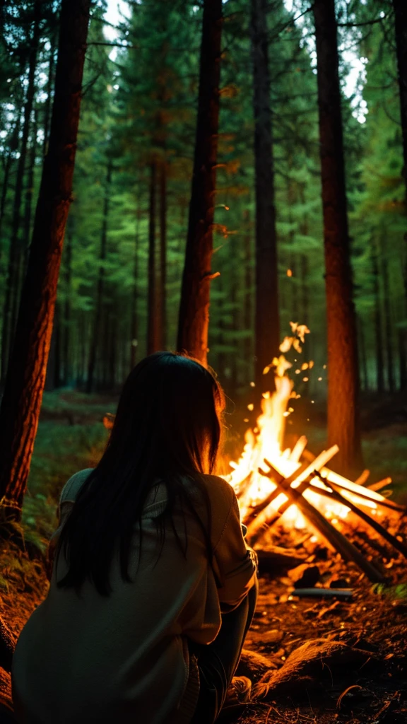 Bonfire in the forest at night, woman, back view