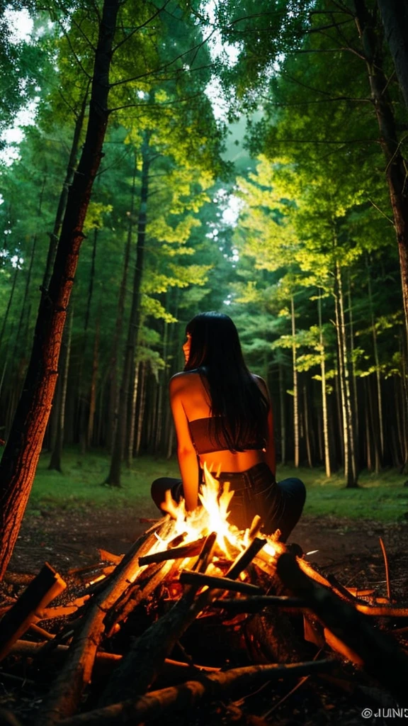 Bonfire in the forest at night, woman, back view