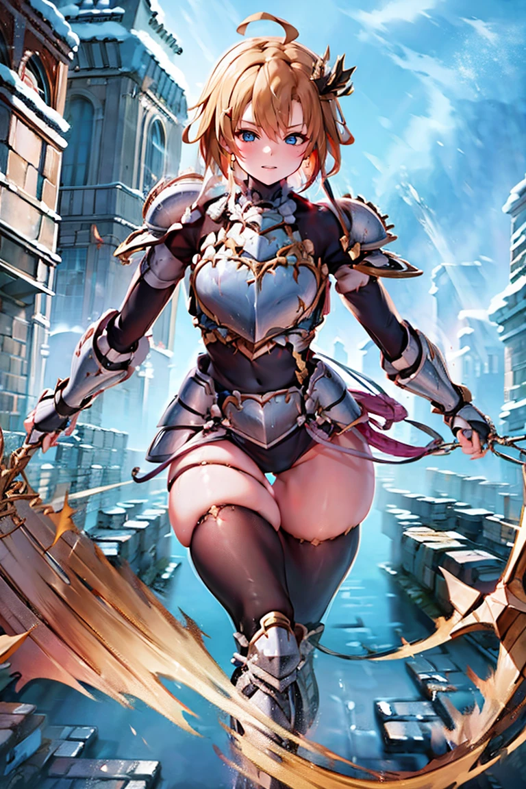 jewelry, bodysuit, fingerless gloves, knight, highleg, (((skin tight))), vambraces, arm guards,faulds,greaves, 1girl,solo,　gauntlets, armored boots, breastplate, pauldrons, shoulder armor, big armors, thighhighs, dare thighs, short hair, pink hair, blue eyes, adult, adult face, fearless face, curvy, perfect proportion, perfect anatomy, perfect body, armored dress knight, plate armor knight, silver knight armor, perfect eyes, ahoge, center loincloth, skirt, black legwear, black clothes, black wear, covered arms, masterpiece, masterwork, best quality, super fine illustration, beautiful, ultra detailed beautiful face, cg unity 8k wallpaper, ultra detailed, ultra high res, round face, smile, clear eyes, symmetrical eyes, even eyes, 