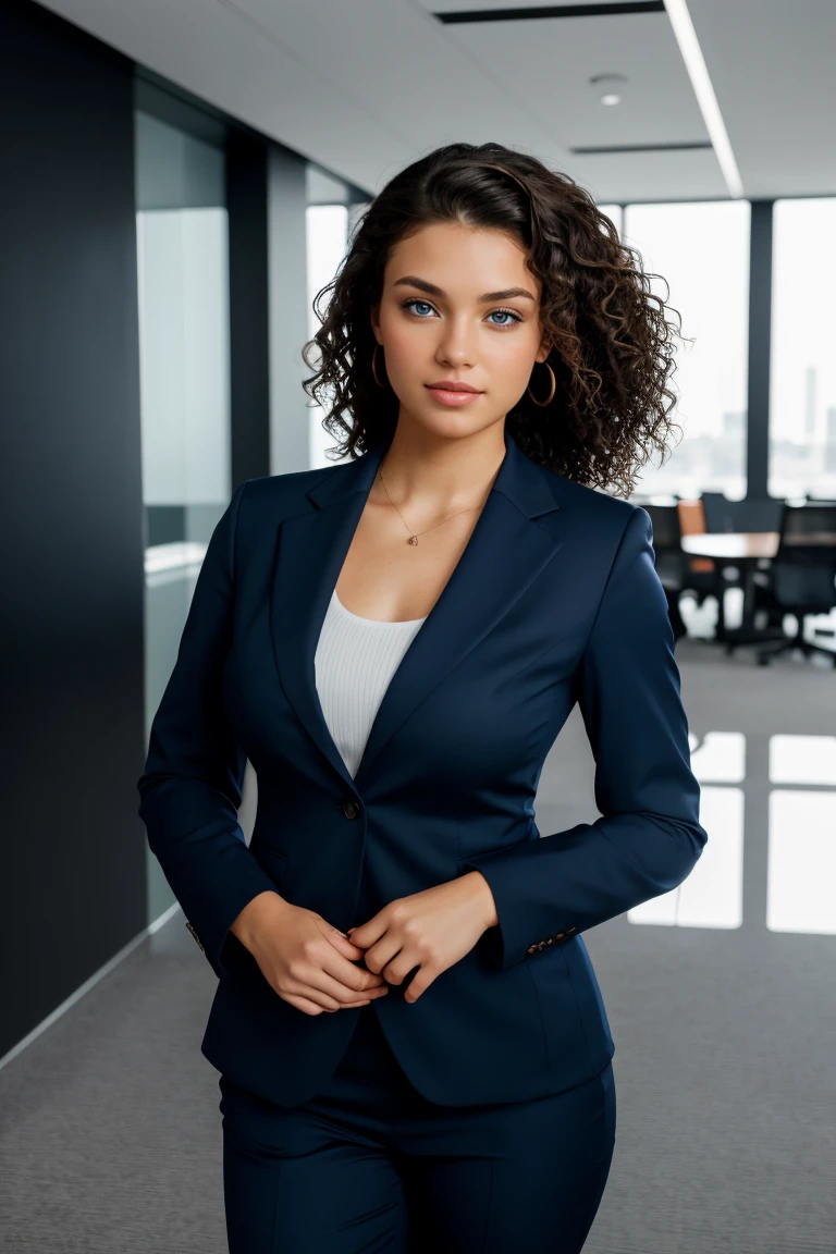 a photo portrait of a beautiful full whitegirl with curls and dark blue eyes ,big ass ,small sporty and round breast ,high definition, more sharp , ( medium black hair:1.10), She is wearing a smart, professional outfit suitable for a corporate office. The portrait is in romantic lighting, with a full-body view and her face in focus looking at the viewer. The environment is set in a corporate office. ,dramatic light, Rembrandt lighting scheme