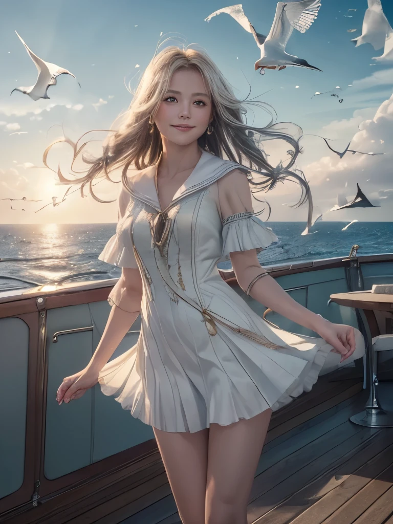 (((masterpiece, Highest quality, High resolution, Attention to detail, Ultra high definition, 8k Raw Photo:1.5)))), ((((Fantasy))), One, (A beautiful woman)))), (White short skirt with gold embroidery), (Platinum blonde long silky straight hair), (Shiny dark green eyes), (White frilly blouse with gold embroidery), big, (((On the deck of a sailing ship at sea)), (Vast ocean))), (The sky with clouds)), (( Seagulls flying in the sky)), smile, (Wind), Particles of light flying, Lens flare,