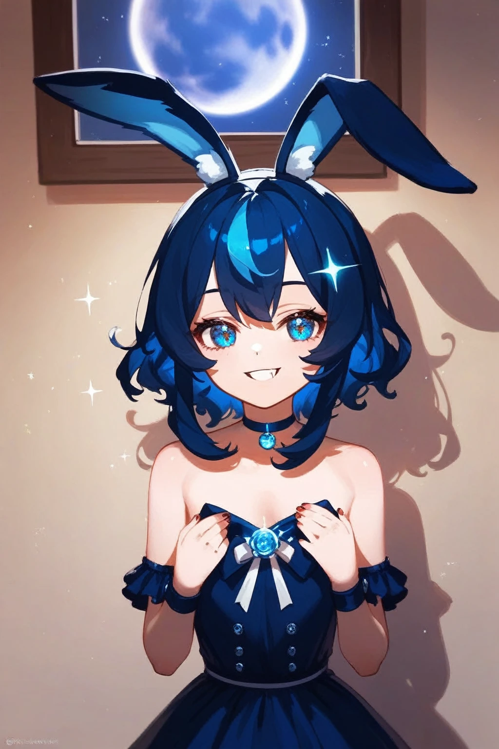 (점수_9,점수_8_위로,점수_7_위로), cute girl with long light blue sparkly hair with white streaks in her hair with blue eyes and droopy bunny ears wearing a blue dress up against a wall with a teen boy with pale skin and dark blue hair and blue eyes wearing a choker and a blue and black vampire outfit in a dark mansion with his hands holding down her arms and smirking down at the girl in a datk mansion at night with blue moon out the window woth moon light pastel scetch