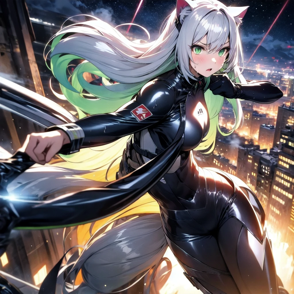 A silver-haired beautiful girl with cat ears eyes are green hair is silver and long clothes: a form-fitting black combat suit The fist is an afterimage The background is a city at night her is in a cat-like fighting pose The year is 14 years monitor, Dark Night, Sweat, Steam of Exhalation, Space, Battle, Dynamic Angle one girl