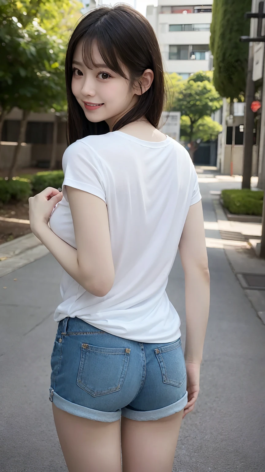 Tabletop, Highest quality, Realistic, In detail, High resolution, 8k wallpaper, Perfect dynamic composition, Beautiful attention to detail, Medium Hair, Big ample breasts, cleavage, 23 years old, (Droopy eyes), Adult Beauty, Japanese,
(cute white tight t-shirt, Shorts), (Breast bulge:1.2),
Laughter、Blue seascape, Model Pose, standing, Photo from the back, from befinde, full body,