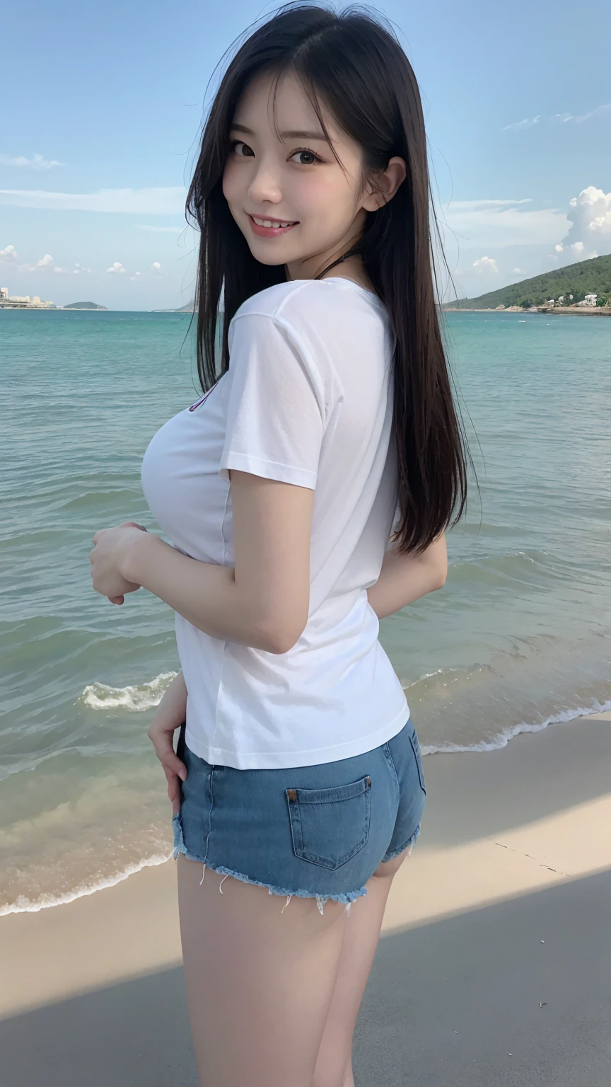 Tabletop, Highest quality, Realistic, In detail, High resolution, 8k wallpaper, Perfect dynamic composition, Beautiful attention to detail, Medium Hair, Big ample breasts, cleavage,  23 years old, (Droopy eyes), Adult Beauty, Japanese, 
 (cute white tight t-shirt, Shorts), (Breast bulge:1.2),
Laughter、Blue seascape, Model Pose, standing, Photo from the back, from befinde, full body,