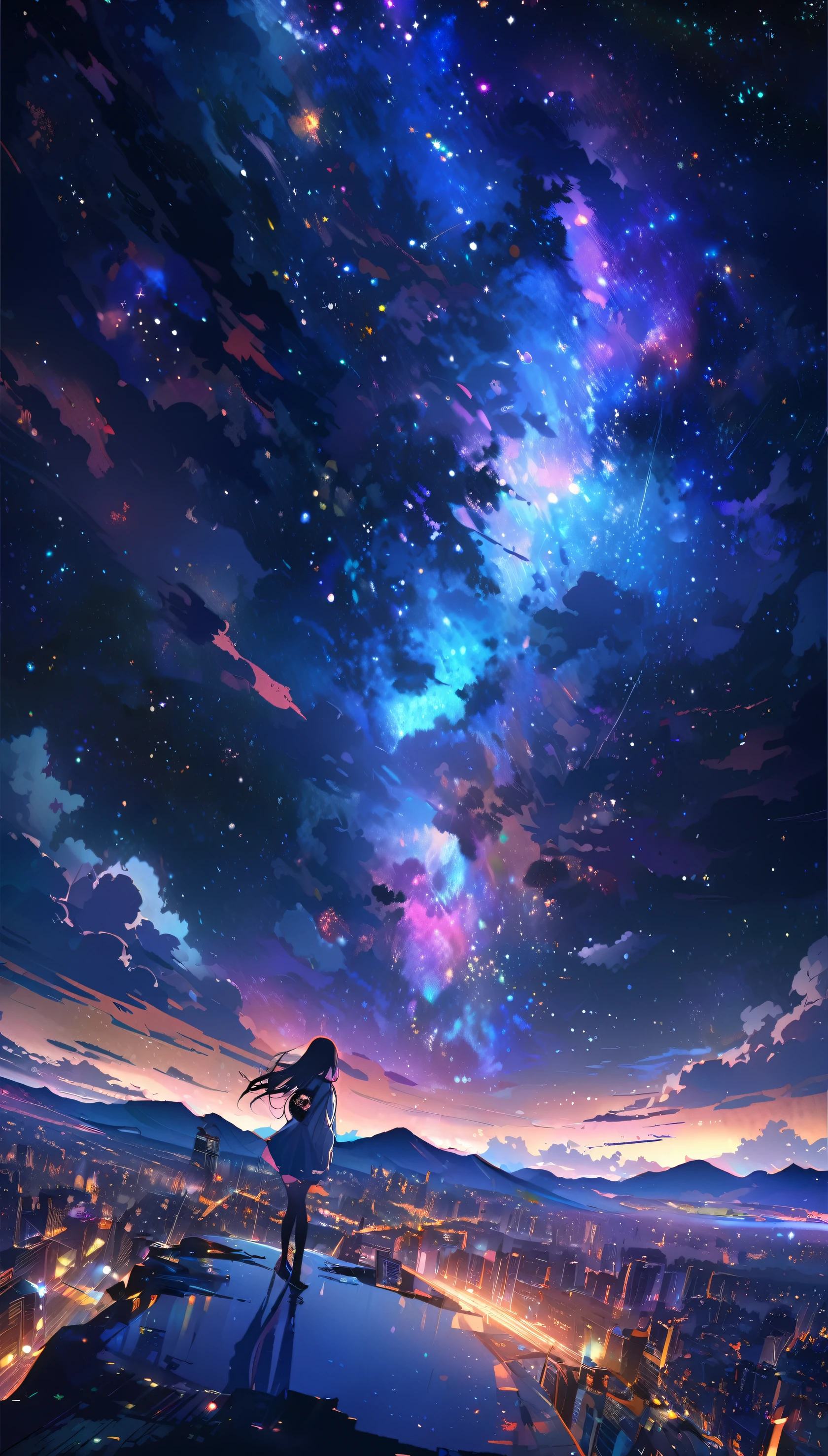 Angelic, Meticulous woman, midnight, nebula, After the Rain, starry night, horizon, in the sky, City , rich and colorful, high resolution, 8K