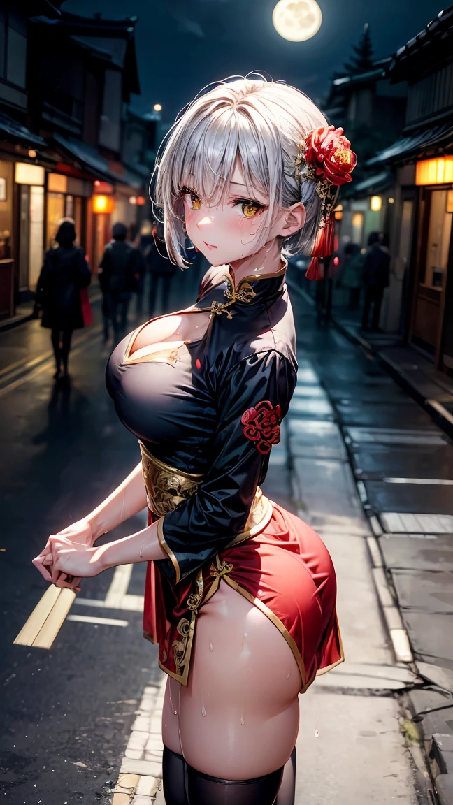 young girl , short silver bob hair, hair flower, sharp bangs between the eyes, yellow eyes, eyes large, confident looking. ((traditional chinese imperial clothes black with gold details,)) ((red skirt)) black thigh high socks. empowered pose, confident pose, chin up. medium breasts, fine legs, ((slenderbody,)). point of view from above, view from side, side point of view, on the street of a Japanese city, at night, with full moon in the background, light reflecting on the sexy and sweaty body. (((sweat)))