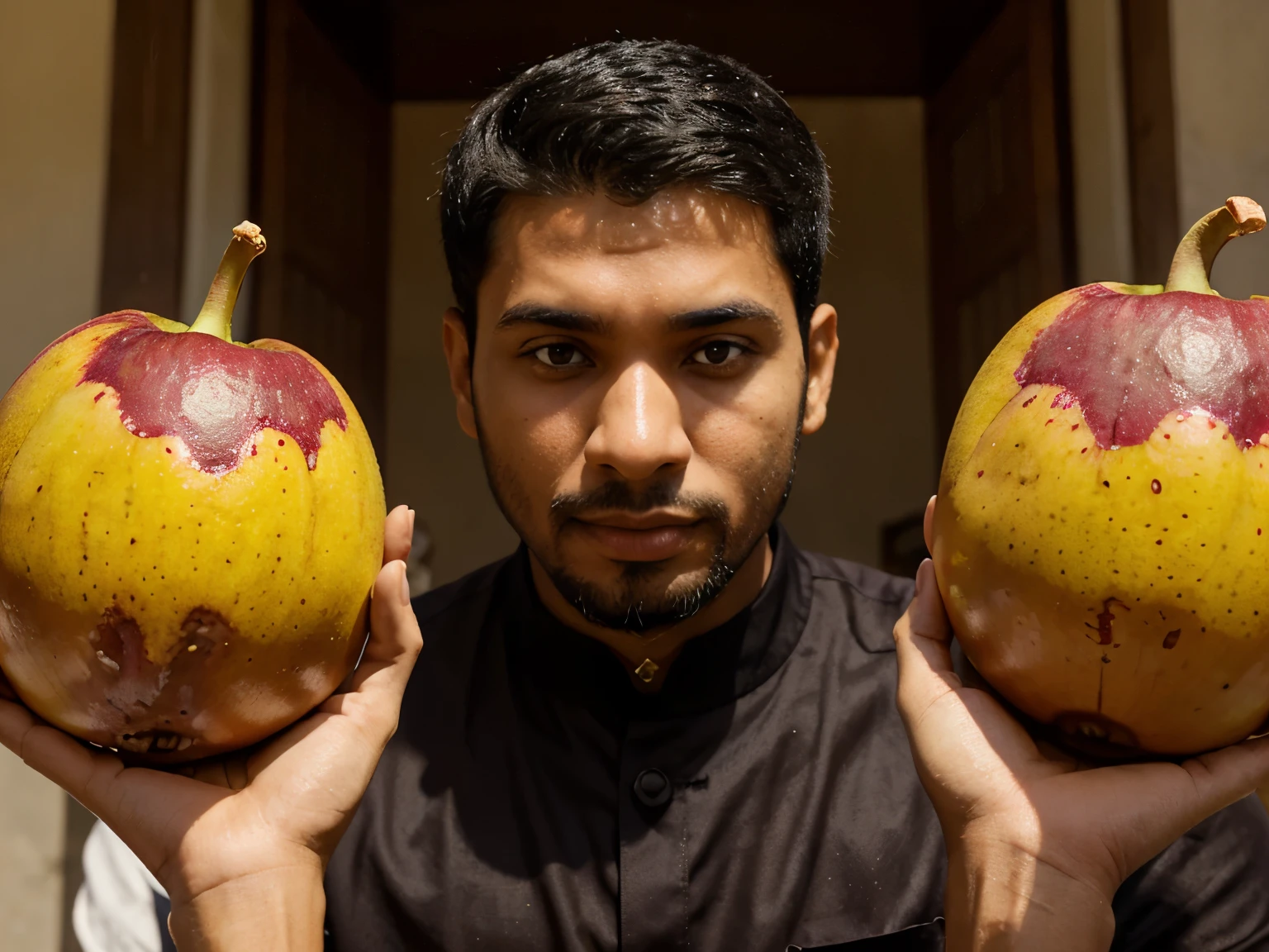 Muslim person, but wants a cartoon image of a man. Hold a mangosteen or mangosteen in both your left and right hands, one on each side, held up.