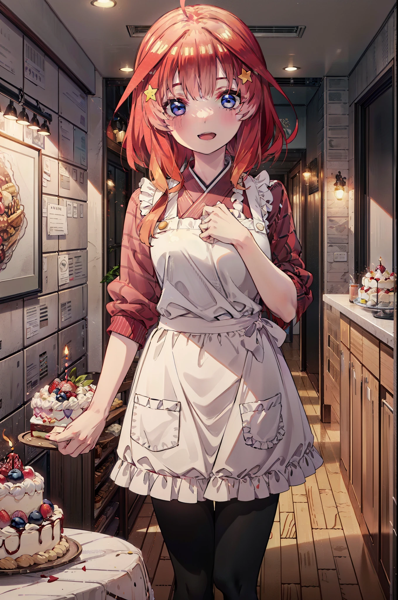 itsukinakano, Itsuki Nakano, bangs, blue eyes, Hair between the eyes, Ahoge, Redhead, star \(symbol\), hair ornaments,happy smile, smile, Open your mouth,cracker, star hair ornaments,Red Tank Top,Long skirt,Black pantyhose,apron,Walking,There is food and a birthday cake on the table,whole bodyがイラストに入るように,
break indoors, room,
break looking at viewer,whole body,
break (masterpiece:1.2), Highest quality, High resolution, unity 8k wallpaper, (figure:0.8), (Beautiful attention to detail:1.6), Highly detailed face, Perfect lighting, Highly detailed CG, (Perfect hands, Perfect Anatomy),