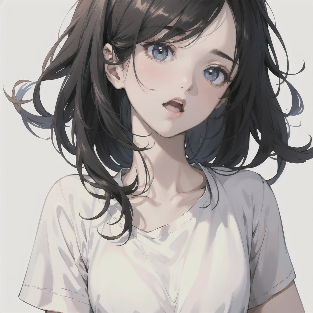 (masterpiece:1.2, Highest quality), 1 Female, alone, Close-up,Gaze, Open your mouth, White T-shirt,Black Hair,Cool feeling