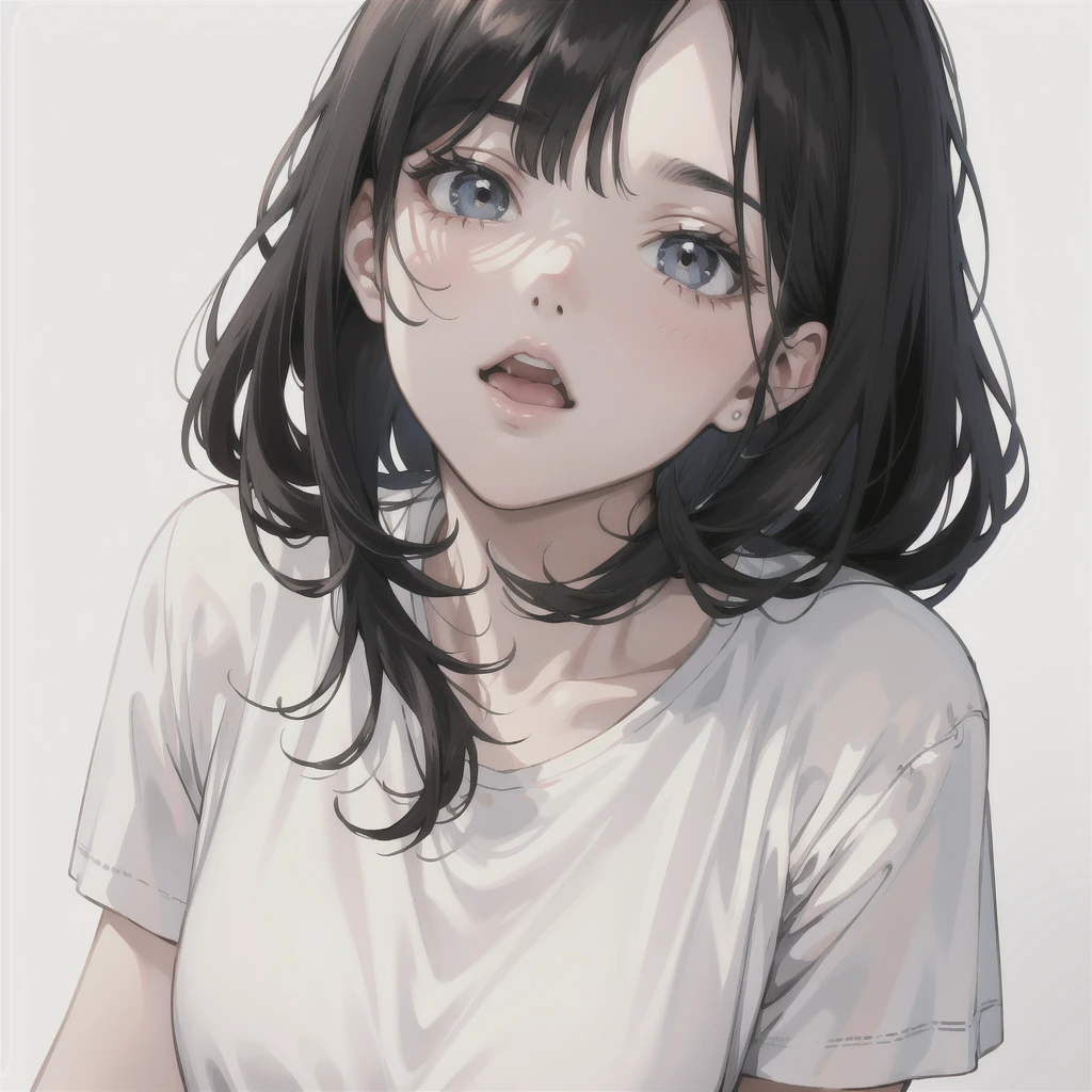 (masterpiece:1.2, Highest quality), 1 Female, alone, Close-up,Gaze, Open your mouth, White T-shirt,Black Hair,Cool feeling