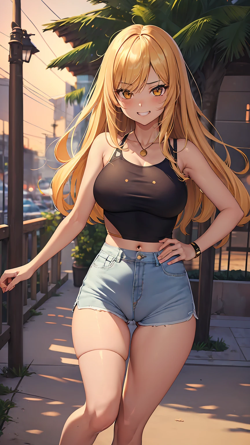 (((((visible pussy outline under shorts))))), 1girl, anime girl, anime, (dark skin), 2d girl, 16y, (fullbody), standing, anime girl, golden eyes, seductive grin, (golden hair), shirt, Solo, Slim, large breasts, big , big Breasts, Tight Shorts, low waist shorts, upshorts, The night beach background, city lights, looking at viewer, darker shadows, (((shorts))), (((absurdres))), (((thigh gap))), (((cameltoe))), (((cleft of venus))), (((lowleg shorts))),