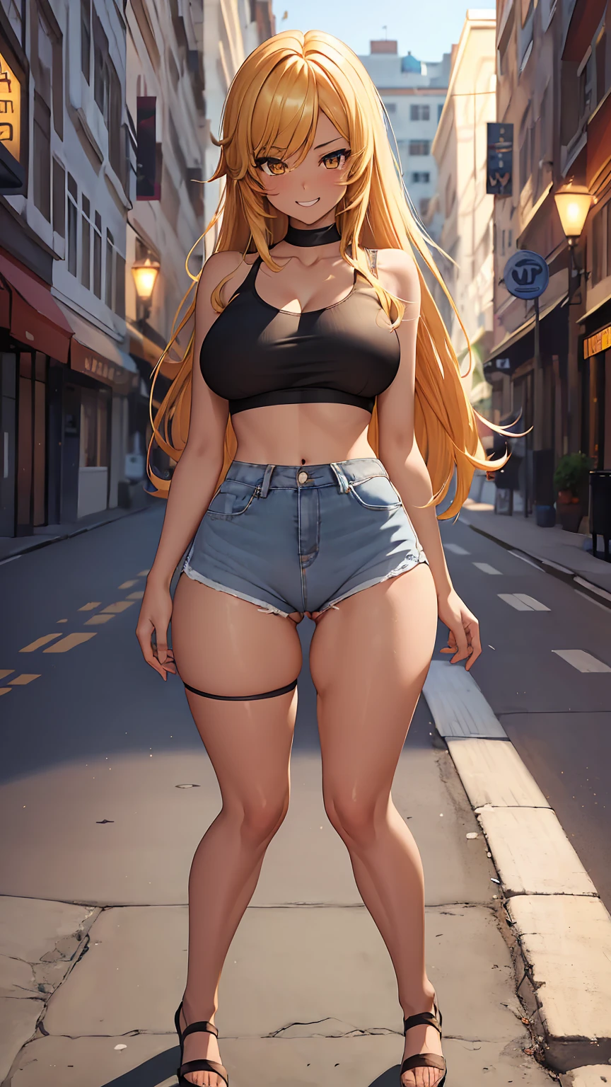 (((((visible pussy outline under shorts))))), 1girl, anime girl, anime, (dark skin), 2d girl, y, (fullbody), standing, anime girl, golden eyes, seductive grin, (golden hair), shirt, Solo, Slim, large breasts, big , big Breasts, Tight Shorts, low waist shorts, upshorts, The night beach background, city lights, looking at viewer, darker shadows, (((shorts))), (((absurdres))), (((thigh gap))), (((cameltoe))), (((cleft of venus))), (((lowleg shorts))),