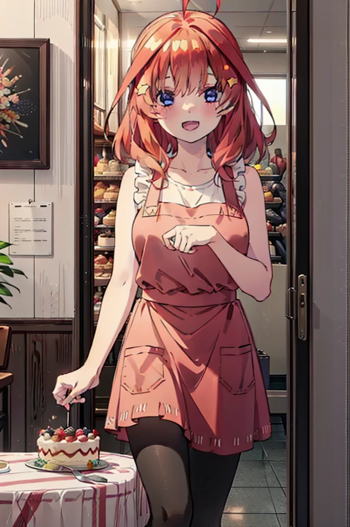 itsukinakano, Itsuki Nakano, bangs, blue eyes, Hair between the eyes, Ahoge, Redhead, star \(symbol\), hair ornaments,happy smile, smile, Open your mouth,cracker, star hair ornaments,Red Tank Top,Long skirt,Black pantyhose,apron,Walking,There is food and a birthday cake on the table,whole bodyがイラストに入るように,
break indoors, room,
break looking at viewer,whole body,
break (masterpiece:1.2), Highest quality, High resolution, unity 8k wallpaper, (figure:0.8), (Beautiful attention to detail:1.6), Highly detailed face, Perfect lighting, Highly detailed CG, (Perfect hands, Perfect Anatomy),